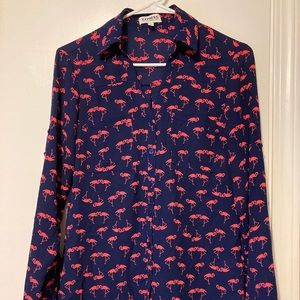 Express xs portofino shirt in navy with bright peach flamingo pattern